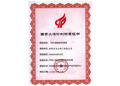 國(guó)家火炬計(jì)劃項(xiàng)目證書